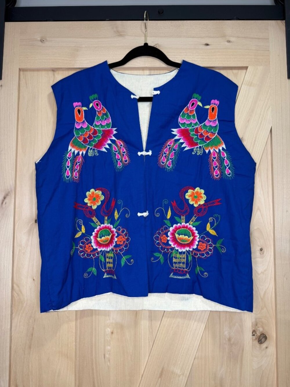 Vintage Asian Folk Art Embroidered Quilted Vest Blue Peacock Floral Boho Ethnic